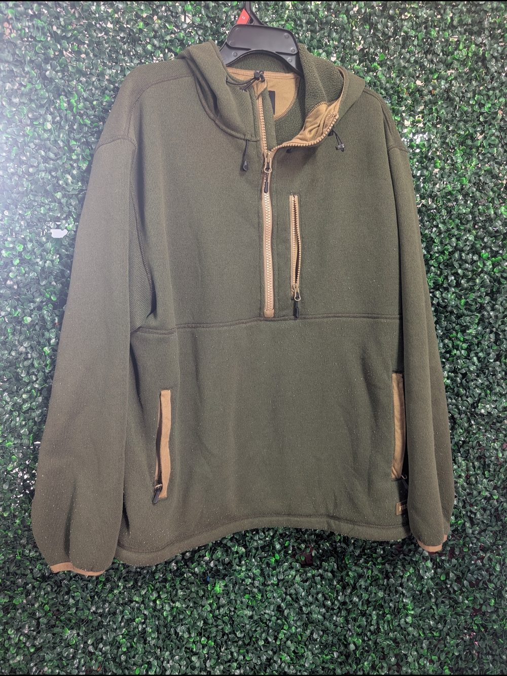 Filson Olive Green Zip-Up Fleece Hoodie with Tan Trim